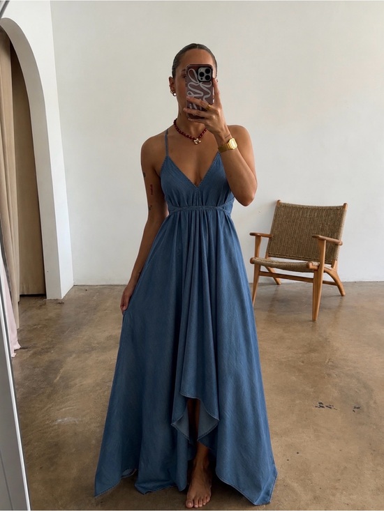 Dresses & Skirts - Denim halter maxi dress with an open back
